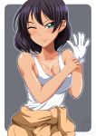  1girl black_hair blush border breasts cleavage closed_mouth collarbone eyebrows_visible_through_hair girls_und_panzer gloves green_eyes grey_background highres hoshino_(girls_und_panzer) large_breasts looking_at_viewer no_bra one_eye_closed ootori_masatsuna shiny shiny_hair shiny_skin short_hair simple_background smile solo tank_top upper_body white_border white_gloves white_tank_top 