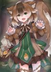  1girl :d absurdres acorn animal_ears bag bangs blush brown_dress brown_hair claw_pose commission dress eyebrows_visible_through_hair fang fur_trim green_eyes highres large_tail long_sleeves looking_at_viewer monster_girl monster_girl_encyclopedia multicolored_hair neonbeat open_mouth puffy_long_sleeves puffy_sleeves ratatoskr_(monster_girl_encyclopedia) scroll short_hair shoulder_bag signature skin_fang smile solo squirrel_ears squirrel_tail standing streaked_hair tail thighhighs zettai_ryouiki 