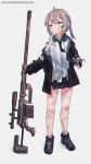  1girl ahoge android anti-materiel_rifle bangs barcode black_gloves black_neckwear black_skirt bolt_action breast_pocket brown_jacket buttons cheytac_m200 closed_mouth collared_shirt damaged dirty dirty_clothes dirty_face dress_shirt flat_chest full_body girls_frontline gloves gun headphones headphones_around_neck highres holding holding_gun holding_weapon hood hood_down hooded_jacket injury jacket kuro_kosyou lavender_eyes light_brown_hair looking_afar loose_necktie low_ponytail m200_(girls_frontline) mechanical_arm muzzle_brake necktie off_shoulder open_clothes open_jacket pleated_skirt pocket popped_collar rifle scope shirt shoes sidelocks simple_background skirt sniper_rifle sniper_scope socks solo torn_clothes weapon white_background white_shirt 