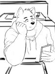  2020 3:4 anthro blush canid canine canis clothing domestic_dog hi_res hoodie humanoid_hands kemono kumamikan male mammal monochrome phone solo topwear 