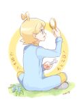  1boy ahoge blonde_hair blue_flower blue_jumpsuit citron_(pokemon) flower glasses holding holding_ring holding_wrench jewelry jumpsuit looking_at_object male_focus mei_(maysroom) open_mouth plant pokemon pokemon_(game) pokemon_xy ring sitting sitting_on_ground solo tagme translation_request wrench 