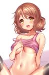  1girl artist_name bare_shoulders black_legwear blush breasts brown_hair collarbone commentary hibike!_euphonium highres kaptivate large_breasts lifted_by_self looking_at_viewer navel no_panties open_mouth oumae_kumiko pink_shirt shirt short_hair sleeveless sleeveless_shirt solo thighhighs upper_teeth 