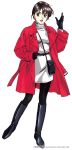  1990s_(style) 1996 1girl black_footwear black_gloves black_legwear blue_eyes boots brown_hair coat copyright dated earrings gloves highres jewelry knee_boots long_sleeves open_mouth pc_engine_fan red_coat short_hair simple_background solo takada_akemi turtleneck white_background 