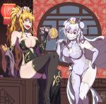 2girls absurdres alternate_costume arm_support bangs bare_shoulders black_collar blonde_hair bowsette breasts bun_cover center_opening china_dress chinese_clothes collar collarbone commentary_request covered_nipples crown double_bun dress elbow_gloves eyebrows_visible_through_hair fang fingerless_gloves floating_hair gloves grin haden hair_between_eyes hand_on_hip hand_up high_heels high_ponytail highres horns indoors korean_commentary large_breasts leaning_forward long_dress long_hair looking_at_viewer luigi&#039;s_mansion mario_(series) multiple_girls new_super_mario_bros._u_deluxe no_panties open_mouth princess_king_boo purple_eyes sharp_teeth shawl side_slit sitting smile spiked_tail standing strapless strapless_dress super_crown tail teeth thighhighs upper_teeth very_long_hair 