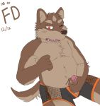 2016 anthro brown_body brown_fur canid canine canis clothing cute_fangs domestic_dog flappydog_(character) fur genitals hi_res humanoid_genitalia humanoid_hands humanoid_penis kemono male mammal masturbation penis simple_background slightly_chubby solo underwear white_background yazoe 