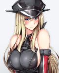  1girl anchor bare_shoulders bismarck_(kantai_collection) blonde_hair blue_eyes breasts detached_sleeves grey_background grey_headwear hat highres kantai_collection large_breasts long_hair military military_hat military_uniform obei_teitoku peaked_cap solo uniform upper_body 
