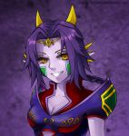  1girl artist_name braid braided_ponytail breasts cleavage facial_mark grin horns looking_at_viewer lowres majora_(entity) medium_breasts multicolored multicolored_clothes personification ponytail purple_background purple_hair purple_skin smile solo tagme the_legend_of_zelda the_legend_of_zelda:_majora&#039;s_mask tiara watermark web_address yellow_eyes yellow_horns yuffietheswift 