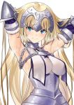  1girl absurdres armpits blonde_hair blue_eyes breasts chain elbow_gloves fate/apocrypha fate/grand_order fate_(series) gloves hands_in_hair highres jeanne_d&#039;arc_(fate) jeanne_d&#039;arc_(fate)_(all) jikatarou large_breasts long_hair smile sweat white_background 