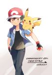  1boy baseball_cap black_legwear black_shirt blue_jacket brown_eyes denim gen_1_pokemon gradient gradient_background hat highres holding holding_poke_ball jacket jeans looking_at_viewer male_focus mei_(maysroom) on_shoulder pants pikachu poke_ball poke_ball_(generic) pokemon pokemon_(anime) pokemon_(creature) pokemon_on_shoulder pokemon_xy_(anime) red_headwear satoshi_(pokemon) shirt tagme white_background 