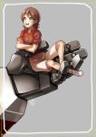  1girl absurdres alexa_(transformers) beige_shorts blue_footwear brown_hair crossed_arms green_eyes highres holding_person looking_up medium_hair open_mouth red_shirt shirt shorts sizuku_73 solo starscream transformers transformers_armada 