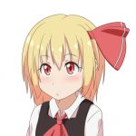  1girl :o anime_coloring ascot blonde_hair blush cato_(monocatienus) commentary hair_ribbon portrait red_eyes ribbon rumia short_hair simple_background solo touhou white_background 