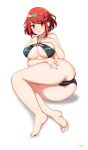  1girl ass bangs bikini blush breasts cameltoe cleavage closed_mouth earrings eyebrows_visible_through_hair feet full_body hair_ornament hands hands_on_own_ass headpiece highres homura_(xenoblade_2) jewelry large_breasts legs looking_at_viewer one-piece_swimsuit pose red_eyes red_hair shadow short_hair sideboob simple_background sitting smile solo sonicbluespeed swept_bangs swimsuit thighs tiara white_background xenoblade_(series) xenoblade_2 