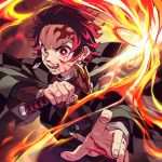  1boy angry blood blood_on_face bloody_hands buttons collar ear_piercing earrings facial_scar fingernails fire forehead_scar highres holding holding_sword holding_weapon japanese_clothes jewelry kamado_tanjirou katana ke02152 kimetsu_no_yaiba long_sleeves looking_at_viewer open_mouth piercing red_eyes red_hair scar simple_background solo sword teeth upper_body weapon 