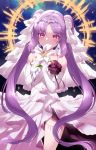  1girl alternate_costume breasts dress earrings elbow_gloves euryale fanbox_reward fate/grand_order fate_(series) fingers_together flower glint gloves hair_ribbon hands_clasped highres jewelry lily_(flower) long_hair looking_at_viewer m-da_s-tarou own_hands_together paid_reward purple_eyes purple_hair ribbon side_slit small_breasts smile solo thighlet tiara twintails very_long_hair white_dress white_gloves 