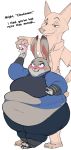  2016 anthro belly belly_overhang big_belly big_breasts big_butt blush bottomwear breasts butt canid canine clothing disney doughnut duo female food fox hi_res huge_butt huge_thighs hyper hyper_belly judy_hopps lagomorph leporid love_handles male male/female mammal masterp123 morbidly_obese morbidly_obese_female navel necktie nick_wilde obese obese_female overweight overweight_female pewbutt plasma_snake rabbit simple_background smile smirk teasing thick_thighs topwear torn_clothing torn_topwear weight_gain wide_hips zootopia 