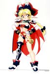  1990s_(style) 1girl bikini blonde_hair boots braid chip-chan_kick! copyright copyright_name full_body gloves hat highres long_hair millie_(chip-chan_kick!) official_art pauldrons pirate_hat pointy_ears shoulder_armor simple_background single_braid single_thighhigh smile solo standing swimsuit thighhighs white_background yanagi_hirohiko yellow_eyes 