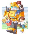  1girl 3boys autobot black_hoodie blonde_hair blue_eyes blue_headband brown_hair bumblebee character_request chibi chip_chase computer denim headband highres holding_person jeans lantana0_0 laptop mecha multiple_boys one_eye_closed open_mouth pants running shirt smile spike_witwicky transformers white_shirt wrench 