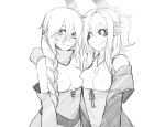  2girls aiko_(less) bare_shoulders black_sclera blush braid breasts collarbone demon_girl demon_horns eyebrows_visible_through_hair hair_between_eyes highres horns jewelry less long_hair looking_at_viewer medium_hair monochrome multiple_girls necklace nipples original pointy_ears small_breasts smile 