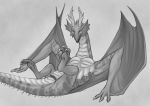  2020 animal_genitalia claws cloaca dragon female feral genitals looking_at_viewer lying membrane_(anatomy) membranous_wings monochrome nude on_back paws presenting scalie solo wings wyvern yaroul 