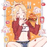  1girl bangs blonde_hair blush breasts commentary_request cutlery eyebrows_visible_through_hair fate_(series) food food_on_face fork green_eyes grin hair_ornament hair_scrunchie hamburger holding holding_food jacket ketchup knife long_hair long_sleeves medium_breasts mordred_(fate) mordred_(fate)_(all) mustard navel open_clothes open_jacket ponytail red_scrunchie sara_(kurome1127) scrunchie short_shorts shorts sitting smile solo spiked_hair tomato twitter_username 