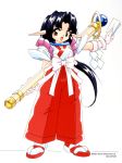  1990s_(style) 1girl black_hair brown_eyes chip-chan_kick! full_body gohei highres holding japanese_clothes long_hair miko official_art ofuda ponytail simple_background solo standing very_long_hair white_background yanagi_hirohiko 