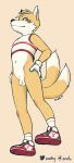  anthro black_nose bottomwear canid canine clothed clothing flat_chested footwear fox fur gloves handwear hi_res legwear looking_at_viewer male mammal midriff miles_prower multicolored_tail navel red_clothing red_footwear shorts snofu socks solo sonic_the_hedgehog_(series) topwear two_tail two_tone_tail white_clothing white_legwear white_socks 