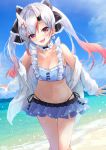  1girl beach breasts cleavage collarbone commentary_request earrings hair_ribbon highres hololive horns jewelry konkito long_hair looking_at_viewer nakiri_ayame navel oni_horns open_mouth red_eyes ribbon silver_hair sky solo twintails virtual_youtuber 