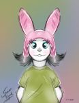  absurd_res black_hair blue_eyes bob&#039;s_burgers child clothed clothing female fur green_clothing green_shirt green_topwear grey_nose hair hat headgear headwear hi_res lagomorph leporid louise_belcher mammal rabbit samuel_pejack shirt simple_background teenager topwear white_body white_fur young 