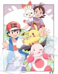  2boys :d baseball_cap black_hair blue_eyes blue_jacket blue_pants border brown_eyes bunny clenched_hand commentary_request creature dark_skin dark_skinned_male electricity episode_number gen_1_pokemon gen_8_pokemon gou_(pokemon) grey_shirt hat highres jacket looking_at_another mei_(maysroom) mr._mime multiple_boys number on_shoulder one_eye_closed open_mouth pants pikachu pokemon pokemon_(anime) pokemon_(creature) pokemon_on_shoulder pokemon_swsh_(anime) red_headwear reflect_(pokemon) satoshi_(pokemon) scorbunny shirt signature smile starter_pokemon upper_teeth white_border white_shirt 