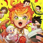  2girls 4boys ahoge bandaid bandaid_on_ear black_eyes black_hair book bow bread brown_eyes brown_footwear brown_hair cheese chibi chili_pepper closed_mouth collar collared_shirt commentary_request cup don_(yakusoku_no_neverland) drinking_straw emma_(yakusoku_no_neverland) food full_body gilda_(yakusoku_no_neverland) glasses green_eyes hair_over_one_eye highres holding holding_book holding_cup holding_food ke02152 lettuce long_sleeves looking_at_another looking_at_viewer multiple_boys multiple_girls neck_tattoo norman_(yakusoku_no_neverland) number_tattoo open_book open_mouth orange_hair pants pepper phil_(yakusoku_no_neverland) pink_bow ray_(yakusoku_no_neverland) round_eyewear shirt short_hair simple_background sitting smile spiked_hair star-shaped_pupils star_(symbol) stuffed_animal stuffed_bunny stuffed_toy symbol-shaped_pupils tattoo teeth thick_eyebrows tomato toy upper_body white_hair white_pants white_shirt yakusoku_no_neverland yellow_background 