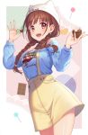  1girl :d animal_ears animal_hat bare_shoulders beanie blue_shirt braid breasts brown_eyes brown_hair brown_skirt candy chocolate chocolate_bar cupcake fake_animal_ears food hair_over_shoulder hat holding holding_food idolmaster idolmaster_shiny_colors lollipop long_hair long_sleeves medium_breasts off-shoulder_shirt off_shoulder open_mouth shirt skirt smile solo sonoda_chiyoko suspender_skirt suspenders tobade_(tbdfactory) twin_braids twintails upper_teeth white_headwear 