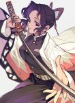  1girl arm_up bangs belt belt_buckle black_hair breasts buckle bug butterfly butterfly_hair_ornament buttons closed_mouth collar gradient_hair grey_background hair_ornament haori holding holding_sword holding_weapon insect japanese_clothes katana ke02152 kimetsu_no_yaiba kochou_shinobu lips long_sleeves looking_at_viewer multicolored_hair parted_bangs purple_eyes purple_hair short_hair simple_background smile solo sword upper_body weapon white_belt 