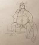  anthro arbitgon belly bulge clothing dragon dusktodawn fur furred_dragon growing growth hi_res male navel overweight sitting sketch solo 