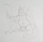  anthro arbitgon belly bulge clothing dragon dusktodawn fur furred_dragon growing growth hi_res male nervous overweight sketch solo torn_clothing 