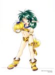  1990s_(style) 1girl animal_print bracelet chip-chan_kick! copyright copyright_name full_body gloves green_eyes green_hair highres jewelry long_hair looking_at_viewer navel neck_ring official_art open_mouth paw_gloves paws pointy_ears simple_background solo standing strapless tiger_print tubetop white_background yanagi_hirohiko 