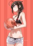  1girl ahoge ball beachball bikini black_bikini black_hair blue_eyes braid breasts collarbone commentary_request cowboy_shot hair_flaps hair_ornament hair_over_shoulder highres kantai_collection long_hair looking_to_the_side open_fly red_background remodel_(kantai_collection) shigure_(kantai_collection) shorts single_braid small_breasts solo striped striped_background sugue_tettou swimsuit unbuttoned white_shorts 
