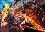  1girl blazing_bull blonde_hair blue_sky bow breasts bull cloud cloudy_sky commentary cosplay cowboy_shot dark_skin day fire hair_bow hakama highres holding holding_sword holding_weapon hololive japanese_clothes katana long_hair mechanical_arm medium_breasts multicolored_hair orange_robe outdoors parody pointy_ears ponytail pyytato red_eyes rope scarf sekiro sekiro:_shadows_die_twice sekiro_(cosplay) shiranui_flare sky streaked_hair sword two-tone_hair virtual_youtuber weapon white_hair white_scarf wood 