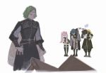  2boys 2girls alzi_xiaomi arm_sling bangs black_cloak black_dress black_footwear black_legwear black_skirt blue_hair blurry boots bowing braid broken brown_hair byleth_(fire_emblem) byleth_(fire_emblem)_(male) cape circlet claude_von_riegan cloak commentary depth_of_field dress faceless fire_emblem fire_emblem:_three_houses forced_bowing full_body garreg_mach_monastery_uniform green_hair hilda_valentine_goneril injury knee_pads long_hair multiple_boys multiple_girls pantyhose parted_bangs pink_hair seteth_(fire_emblem) short_hair side_braid signature simple_background skirt standing table thigh_boots thighhighs thighhighs_under_boots twintails white_background yellow_cape yellow_capelet zettai_ryouiki 