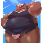  12beat13 2020 anthro apron asian_clothing belly brown_body brown_fur bulge clothing east_asian_clothing eyes_closed eyewear fundoshi fur glasses japanese_clothing kemono male mammal moobs nipples outside overweight overweight_male solo underwear ursid 
