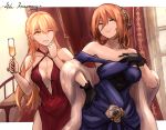  2girls alcohol alternate_costume alternate_hairstyle anniversary blonde_hair blue_dress breasts brown_hair champagne cleavage commission cup dress drinking_glass english_text eyebrows_visible_through_hair gazelle_jun girls_frontline gloves green_eyes highres m1903_springfield_(girls_frontline) multiple_girls ots-14_(girls_frontline) red_dress wine_glass yellow_eyes 