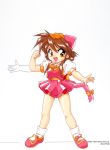  1girl animal_ears bow brown_hair cat_ears cat_tail chip-chan_kick! chip_(chip-chan_kick!) clenched_hand copyright copyright_name dress full_body hair_over_shoulder highres long_hair looking_at_viewer official_art open_mouth orange_eyes pink_footwear puffy_sleeves short_dress short_sleeves simple_background solo standing tail tail_bow white_background yanagi_hirohiko 