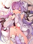  1girl ahoge arm_up azur_lane bed_sheet blush commentary_request covered_mouth detached_sleeves dress dress_lift flower groin hair_bun hair_flower hair_ornament half-closed_eyes hand_up lifted_by_self long_hair long_sleeves lying navel on_back one_side_up pillow puffy_long_sleeves puffy_sleeves purple_eyes purple_hair side_bun solo stuffed_alicorn stuffed_animal stuffed_toy tsuka unicorn_(azur_lane) very_long_hair white_dress white_flower white_sleeves 
