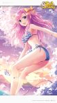  1girl :d ahoge an2a ass bangs barefoot bikini blue_bikini blue_eyes blurry breasts chris_(sid_story) cloud cloudy_sky copyright_name hair_ornament highres long_hair looking_at_viewer md5_mismatch medium_breasts mountain ocean official_art open_mouth outdoors pink_hair resolution_mismatch shiny shiny_skin sid_story sidelocks sky smile solo source_larger string_bikini sunset surfboard surfing swimsuit thighs twintails water waves 