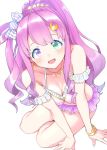  blush breasts candy_hair_ornament cleavage collarbone crescent crescent_hair_ornament earrings food_themed_hair_ornament goshiki_suzu hair_ornament heterochromia highres himemori_luna hololive jewelry long_hair looking_at_viewer looking_up necklace open_mouth sitting swimsuit virtual_youtuber 