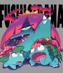  claws fangs flower gashi-gashi gen_1_pokemon gigantamax gigantamax_venusaur green_sclera grey_background highres mega_pokemon mega_venusaur no_humans open_mouth outstretched_arm pokemon pokemon_(creature) venusaur 