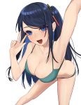  1girl :d arm_up armpits bikini blue_eyes blue_hair breasts cleavage green_bikini hair_ornament highres juz krt_girls large_breasts lips long_hair one_side_up open_mouth sidelocks simple_background smile solo swimsuit w white_background xiao_qiong 