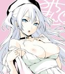 1girl blue_eyes breasts choker comic_x-eros cropped dress hat highres long_hair medium_breasts michiking nipples original parted_lips silver_hair solo strap_slip two_side_up undressing 