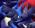  5:4 aggression aggressive ambiguous_gender anthro battle black_body black_fur blue_body blue_eyes blue_fur duo fighting_pose fur hair kirlaicstorm lucario nintendo paws pok&eacute;mon pok&eacute;mon_(species) pose red_eyes red_hair simple_background sparkles spikes video_games zoroark 