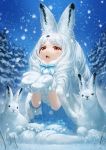  1girl :3 :d animal animal_ear_fluff animal_ears arctic_hare_(kemono_friends) bunny bunny_ears capelet commentary eyebrows_visible_through_hair fur-trimmed_capelet fur_trim highres kemono_friends lain long_hair looking_up mittens open_mouth outdoors pantyhose red_eyes sitting smile snow snowing solo wariza white_capelet white_hair white_legwear white_mittens 