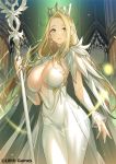  1girl afk_arena bangs belinda_(afk_arena) blonde_hair blush breasts center_opening cleavage cloak crown dress earrings forehead green_eyes jewelry large_breasts long_hair looking_at_viewer parted_bangs parted_lips pop_kyun staff white_cloak white_dress 